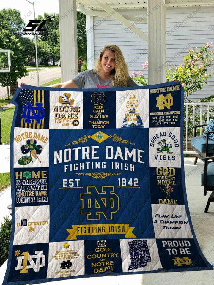 ncaa notre dame fighting irish blue white est 1842 quilt fleece blanket wfqf415 hyhgr