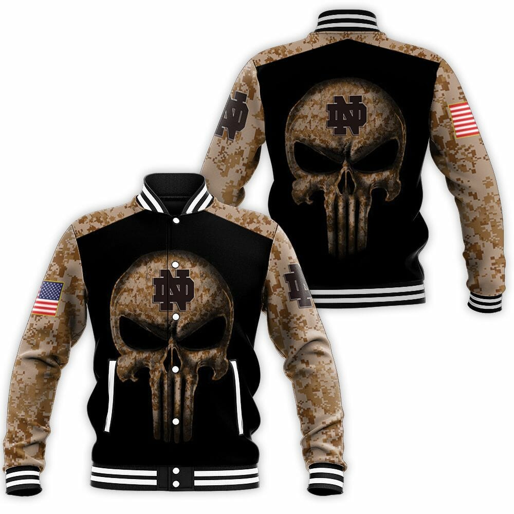 ncaa notre dame fighting irish camo punisher skull baseball jacket button up zipper hooded all over print dpfip