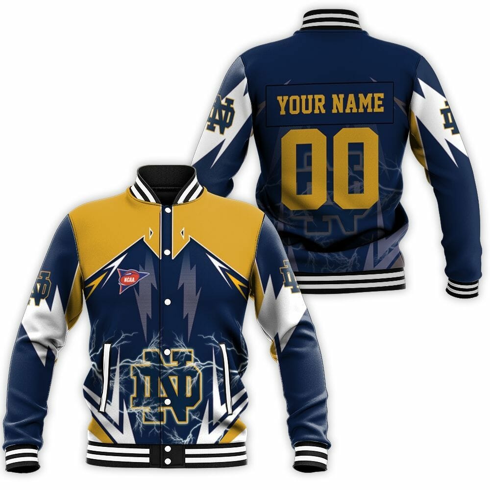 ncaa notre dame fighting irish custom name number blue gold baseball jacket button up zipper hooded all over print e8anm