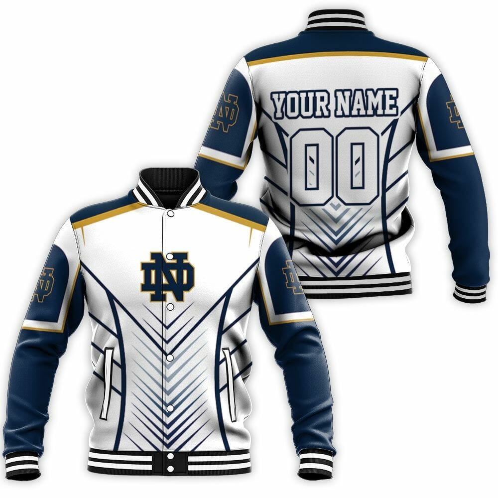 ncaa notre dame fighting irish custom name number white blue baseball jacket button up zipper hooded all over print vzjxy