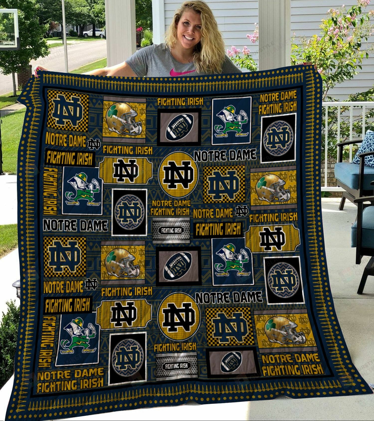 ncaa notre dame fighting irish gold blue quilt fleece blanket v2 wfqf419 kz85e