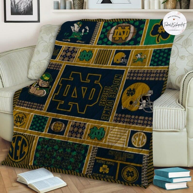 ncaa notre dame fighting irish gold blue quilt fleece blanket v2 wfqf423 trtrp