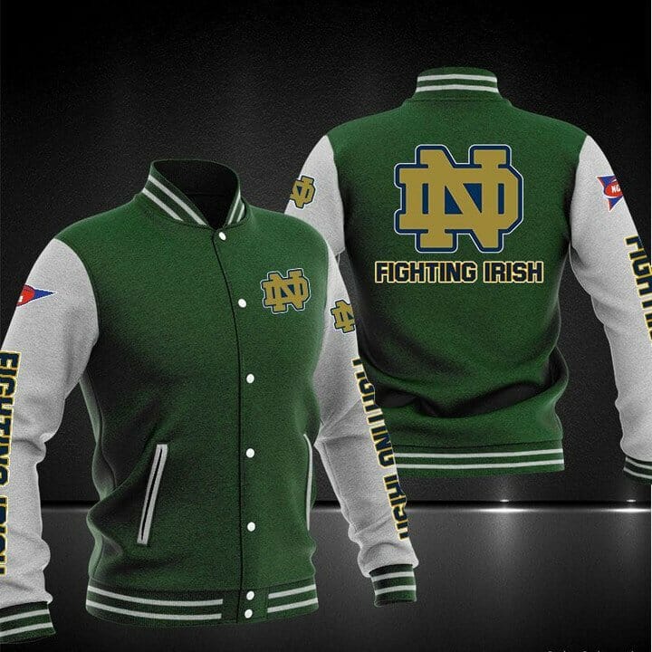 ncaa notre dame fighting irish green baseball jacket button up zipper hooded all over print ldnbm