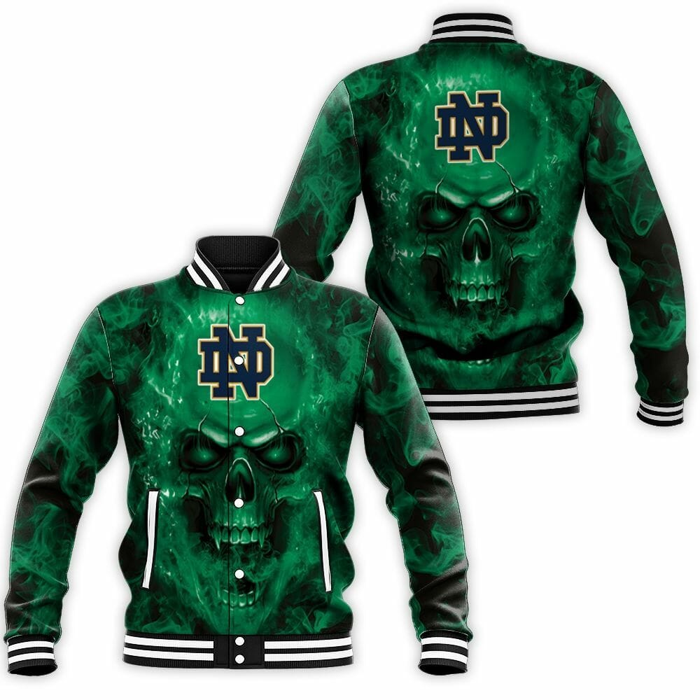 ncaa notre dame fighting irish green skull baseball jacket button up zipper hooded all over print hzjtc