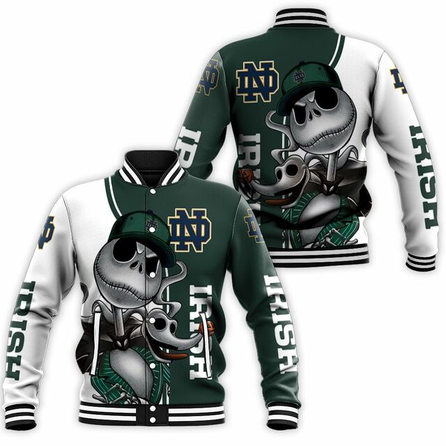 ncaa notre dame fighting irish jack skellington and zero baseball jacket button up zipper hooded all over print rbedk