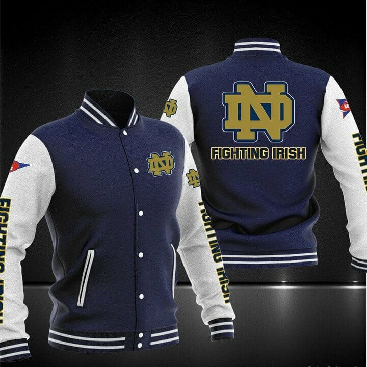 ncaa notre dame fighting irish navy blue baseball jacket button up zipper hooded all over print wwyza