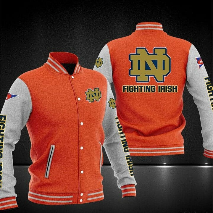 ncaa notre dame fighting irish orange baseball jacket button up zipper hooded all over print lhmqi