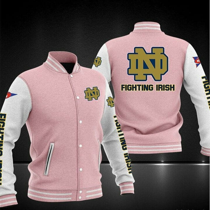 ncaa notre dame fighting irish pink baseball jacket button up zipper hooded all over print grpnj