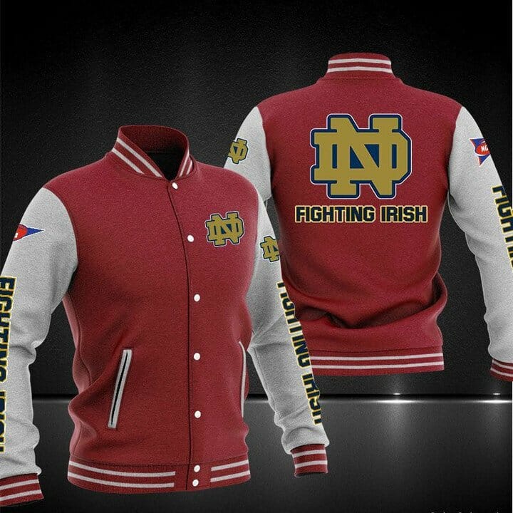 ncaa notre dame fighting irish red grey baseball jacket button up zipper hooded all over print 1jw2z