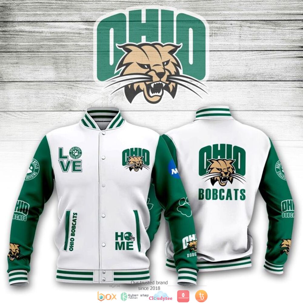 ncaa ohio bobcats green white baseball jacket button up zipper hooded all over print z14l8