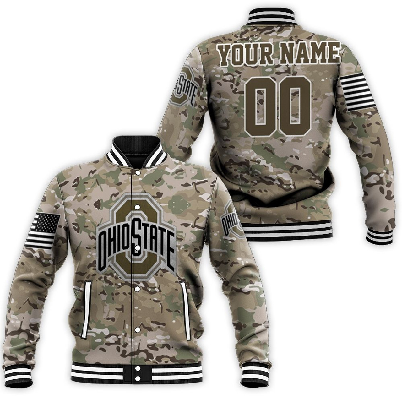 ncaa ohio state buckeyes custom name number camo baseball jacket button up zipper hooded all over print iene1