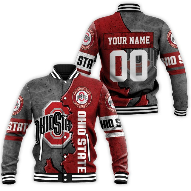 ncaa ohio state buckeyes custom name number red gray baseball jacket button up zipper hooded all over print qjvaa