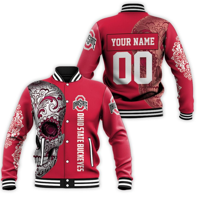 ncaa ohio state buckeyes custom name number sugar skull baseball jacket button up zipper hooded all over print uscqu