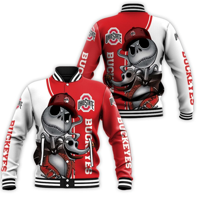 ncaa ohio state buckeyes jack skellington and zero baseball jacket button up zipper hooded all over print c3bmk