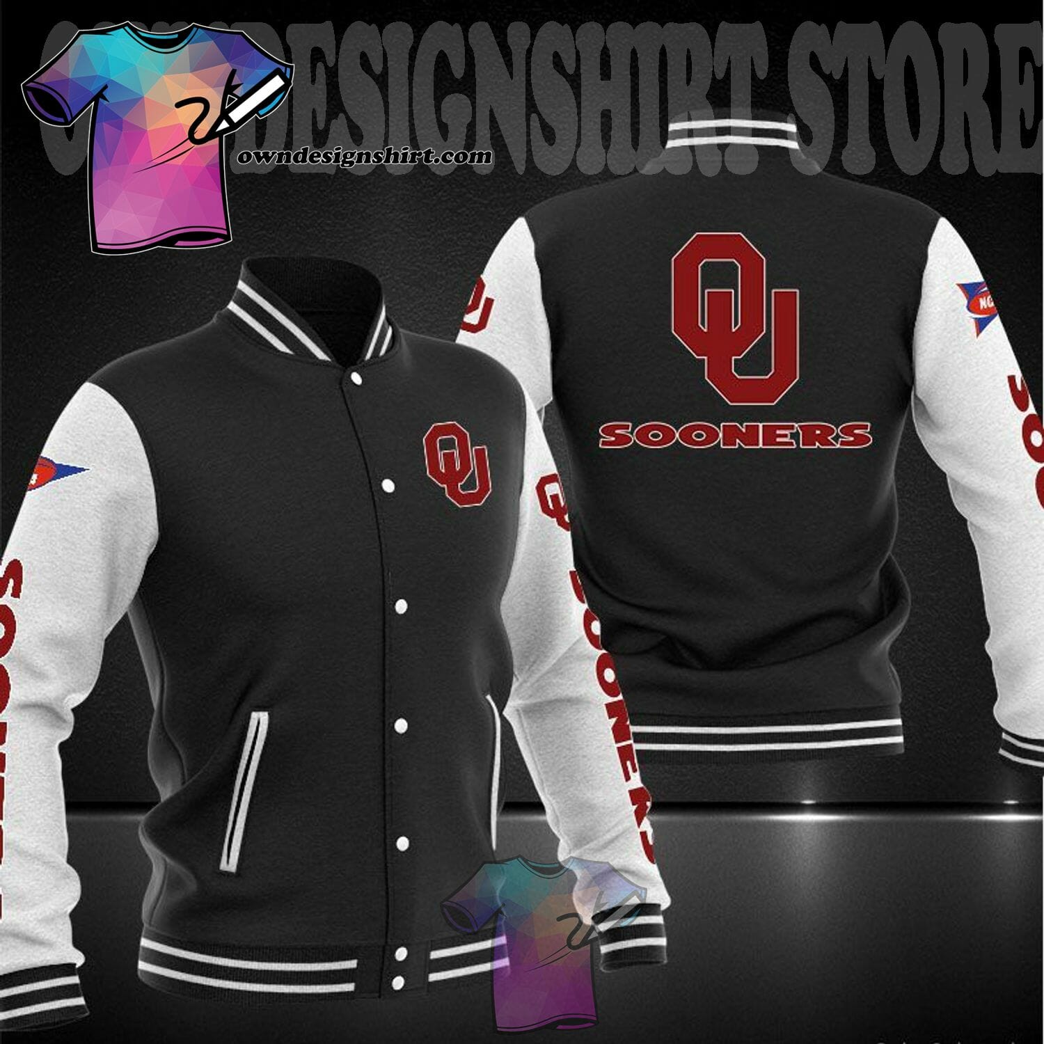 ncaa oklahoma sooners black baseball jacket button up zipper hooded all over print 8ebgh