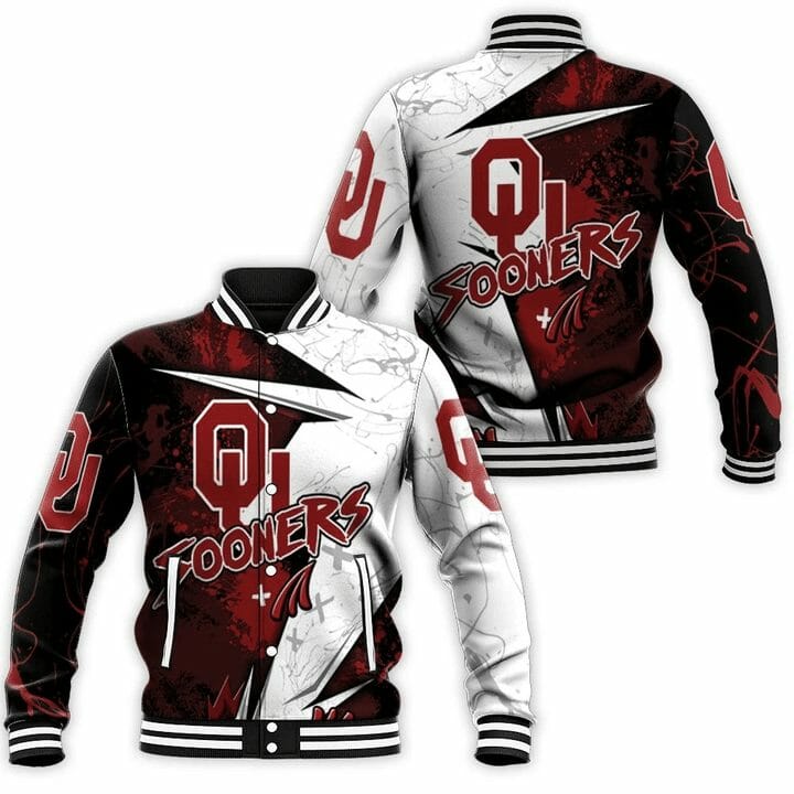 ncaa oklahoma sooners crimson white baseball jacket button up zipper hooded all over print ls5zd