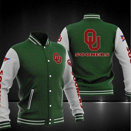 ncaa oklahoma sooners green baseball jacket button up zipper hooded all over print gytsf