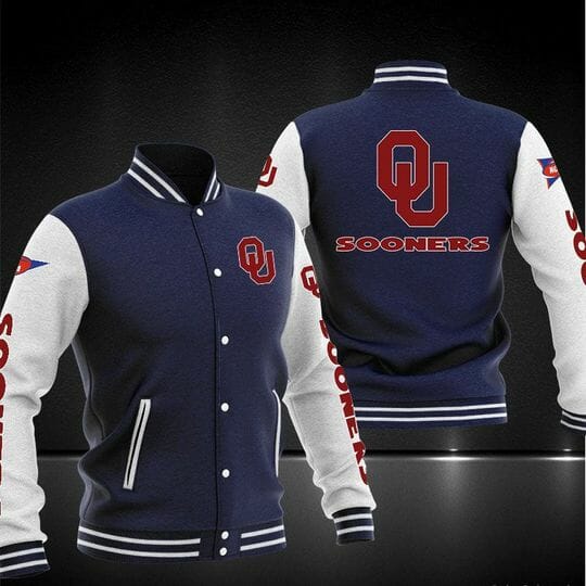 ncaa oklahoma sooners navy blue baseball jacket button up zipper hooded all over print dgsht