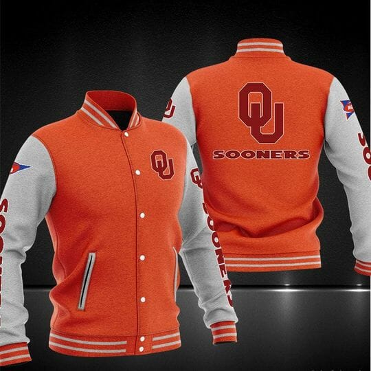 ncaa oklahoma sooners orange grey baseball jacket button up zipper hooded all over print m8zq9