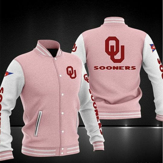 ncaa oklahoma sooners pink baseball jacket button up zipper hooded all over print ivm9c