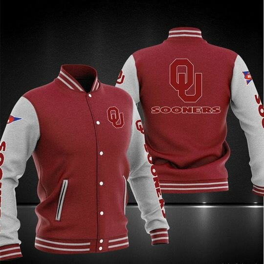 ncaa oklahoma sooners red grey baseball jacket button up zipper hooded all over print qgmy9