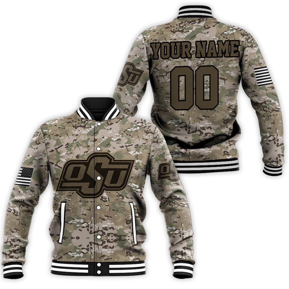 ncaa oklahoma state cowboys custom name number camo baseball jacket button up zipper hooded all over print smtnv