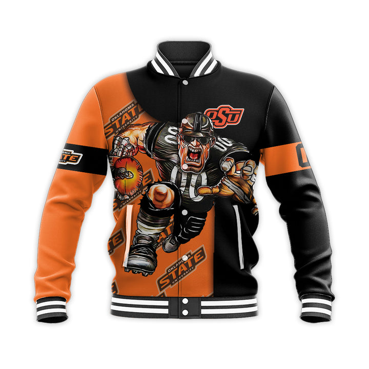 ncaa oklahoma state cowboys custom number orange black baseball jacket button up zipper hooded all over print difqv