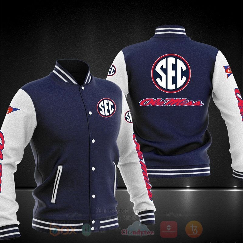 ncaa ole miss rebels navy blue baseball jacket button up zipper hooded all over print lfbmz