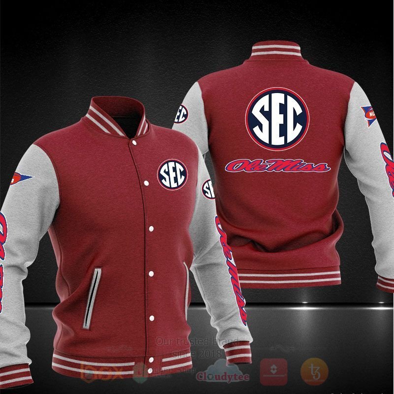 ncaa ole miss rebels red grey baseball jacket button up zipper hooded all over print lj084