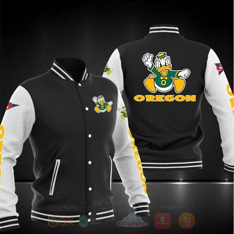 ncaa oregon ducks black baseball jacket button up zipper hooded all over print db9u2