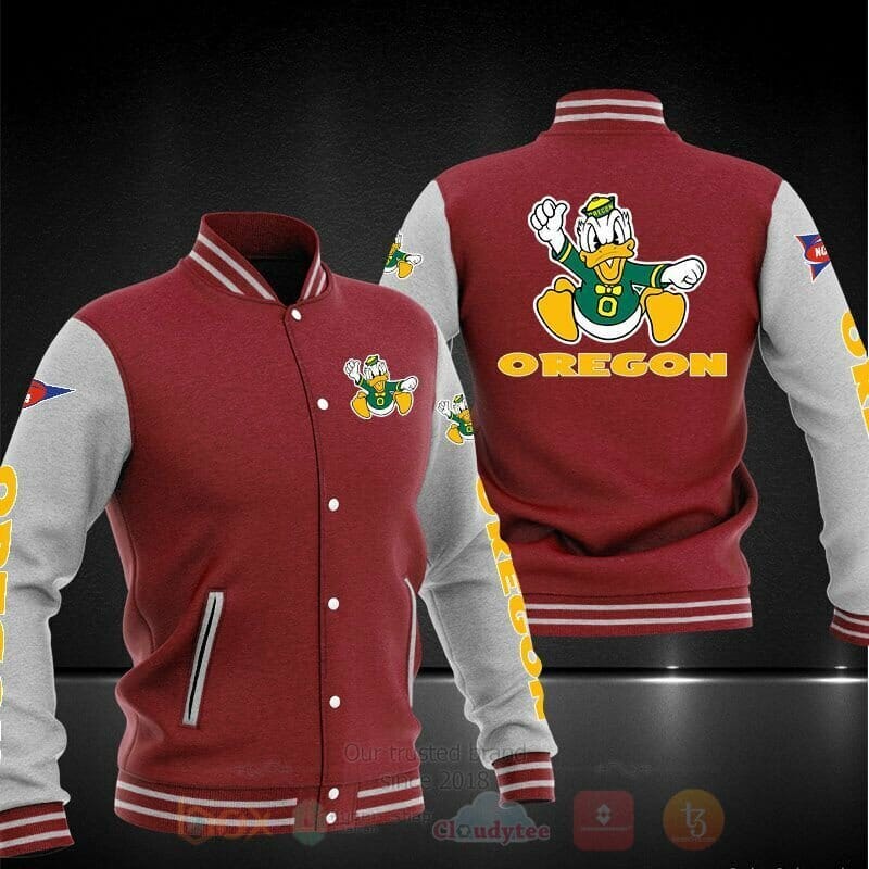 ncaa oregon ducks red grey baseball jacket button up zipper hooded all over print iqchq