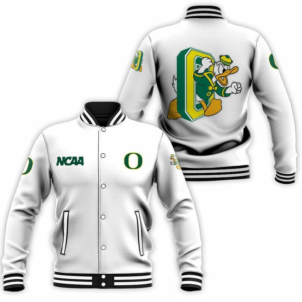 ncaa oregon ducks white baseball jacket button up zipper hooded all over print lfoig