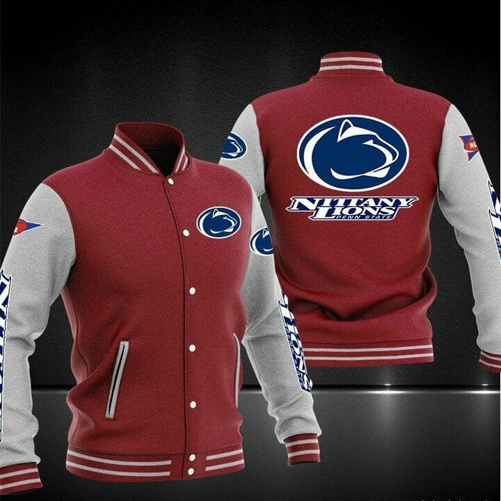 ncaa penn state nittany lions red grey baseball jacket button up zipper hooded all over print bupmg