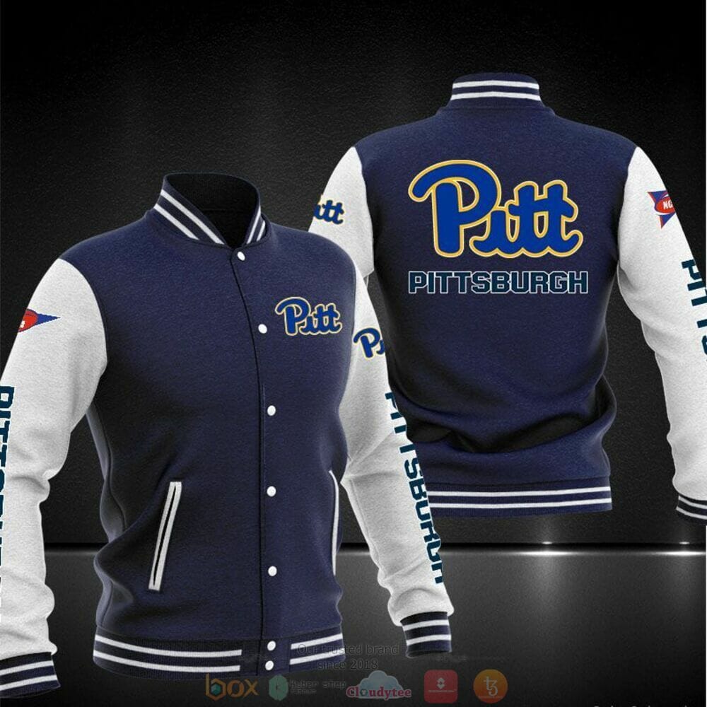 ncaa pittsburgh panthers navy blue baseball jacket button up zipper hooded all over print kne0p