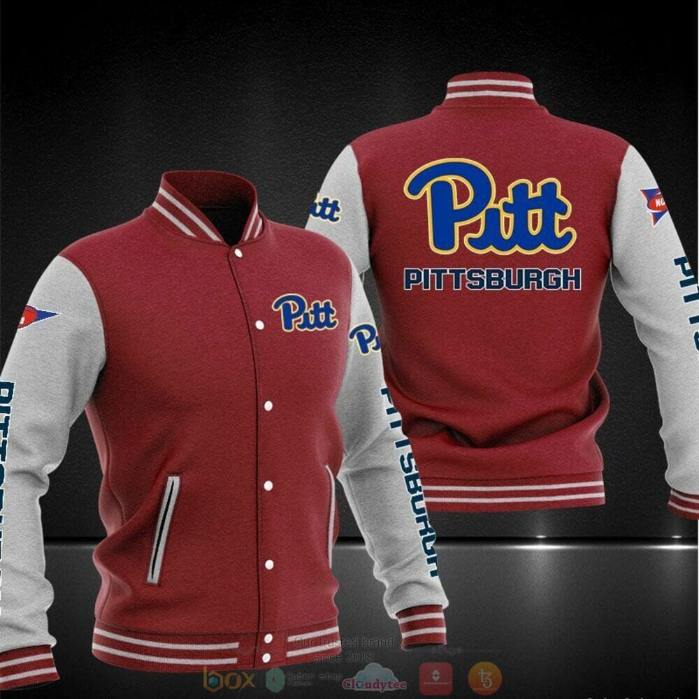 ncaa pittsburgh panthers red grey baseball jacket button up zipper hooded all over print k7asv