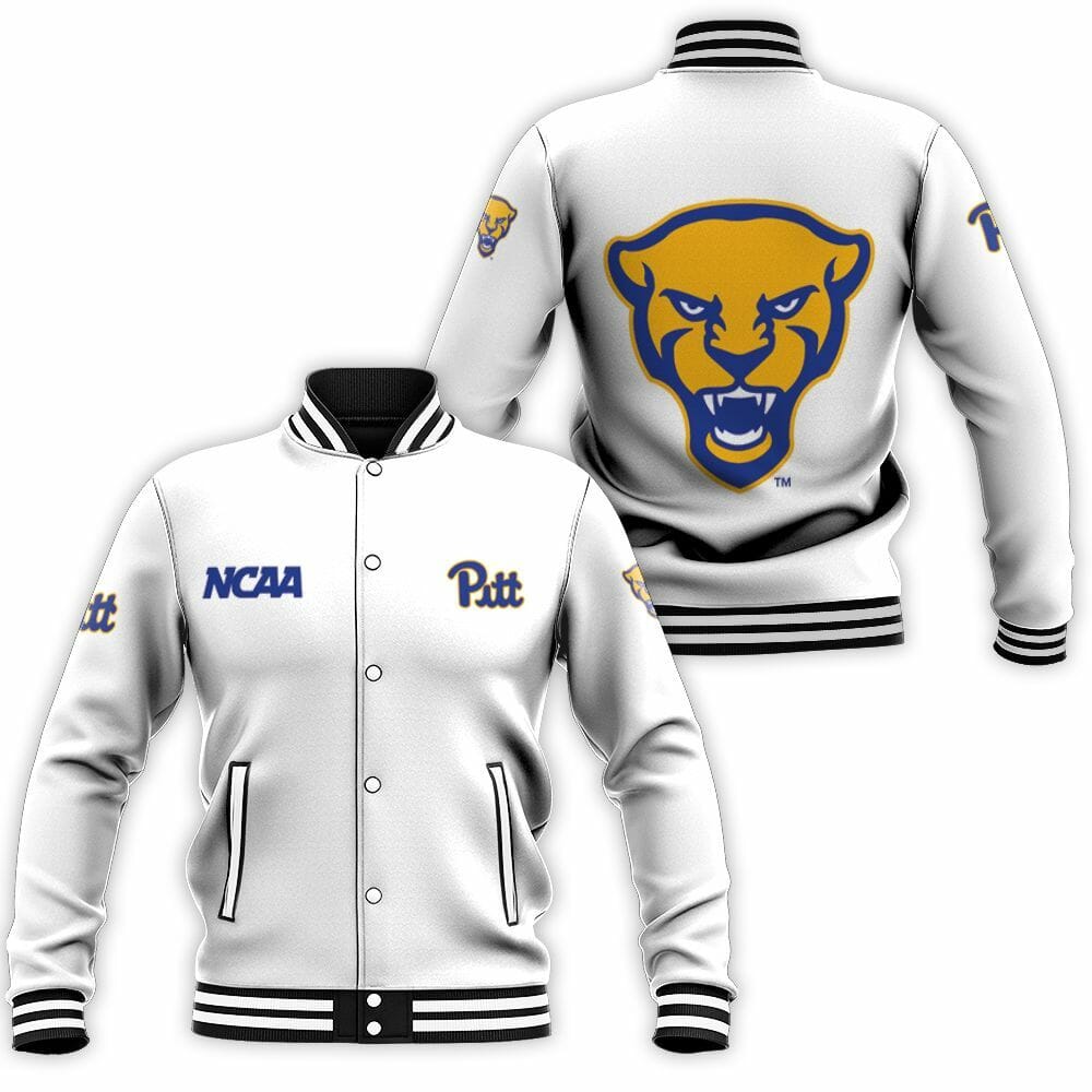 ncaa pittsburgh panthers white baseball jacket button up zipper hooded all over print slp58