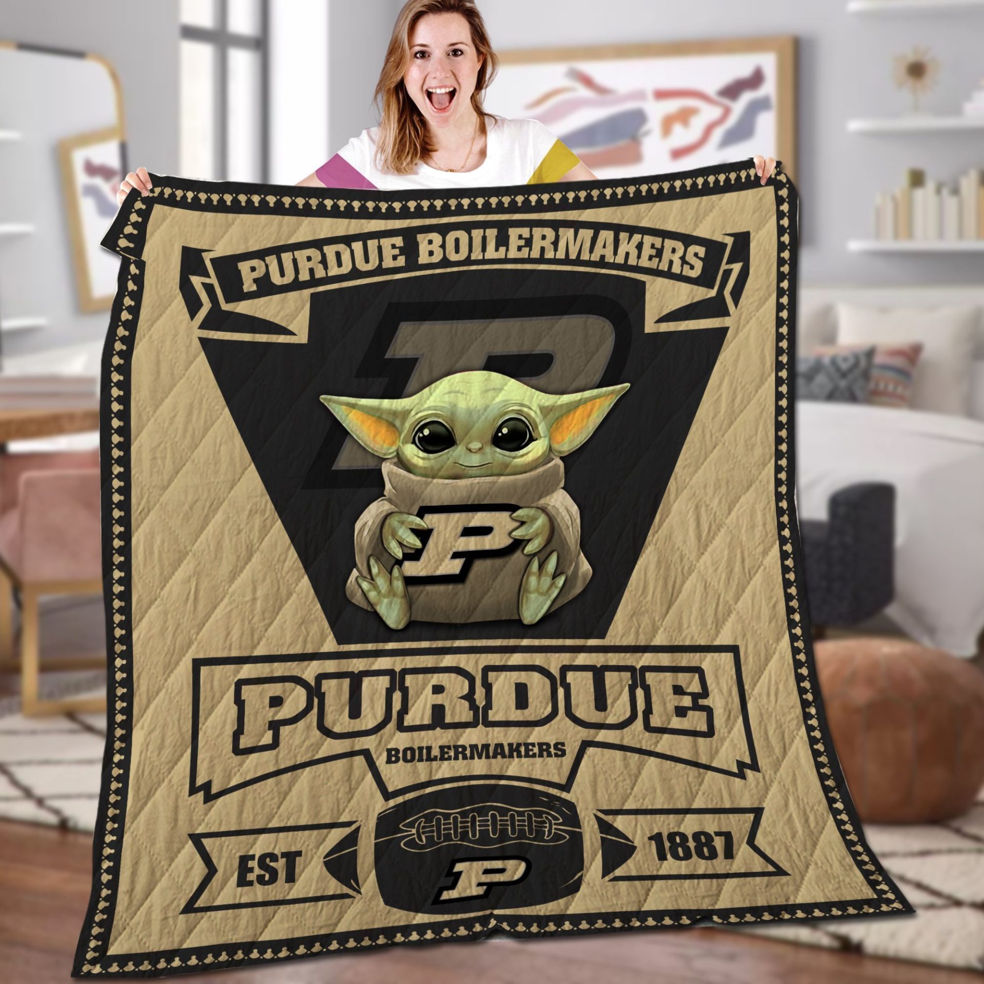 ncaa purdue boilermakers baby yoda gold black est 1887 quilt fleece blanket wfqf519 zdir3