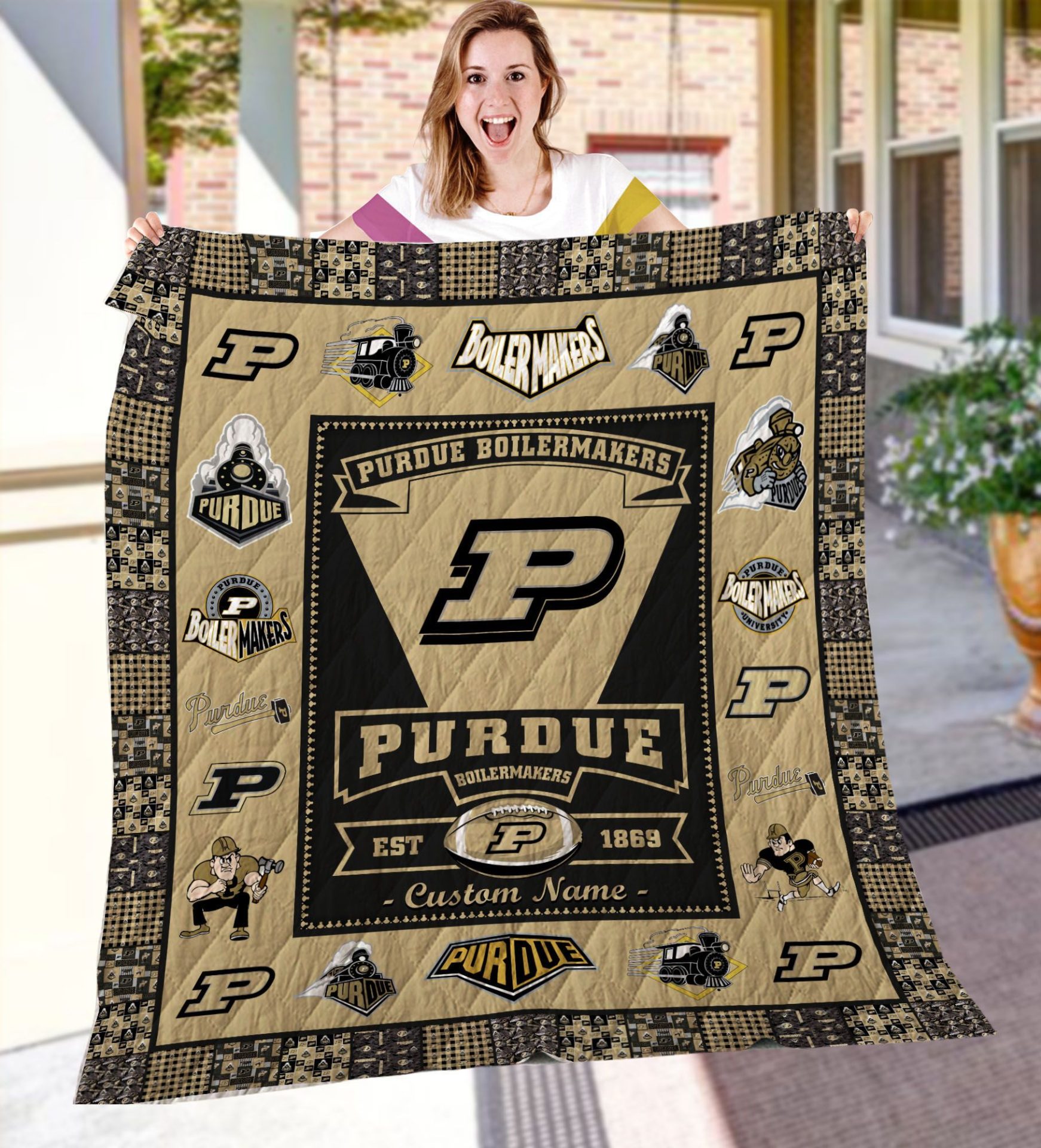 ncaa purdue boilermakers name personalized gold black est 1870 quilt fleece blanket wfqf528 dzts5