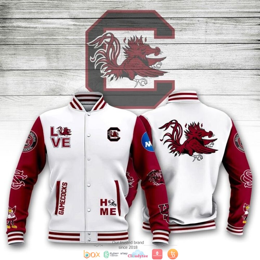 ncaa south carolina gamecocks white garnet baseball jacket button up zipper hooded all over print m06eu