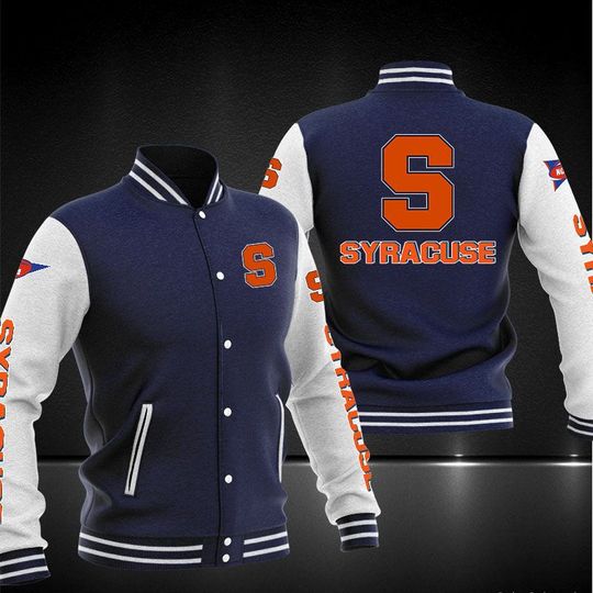 ncaa syracuse orange blue white baseball jacket button up zipper hooded all over print bwqbm