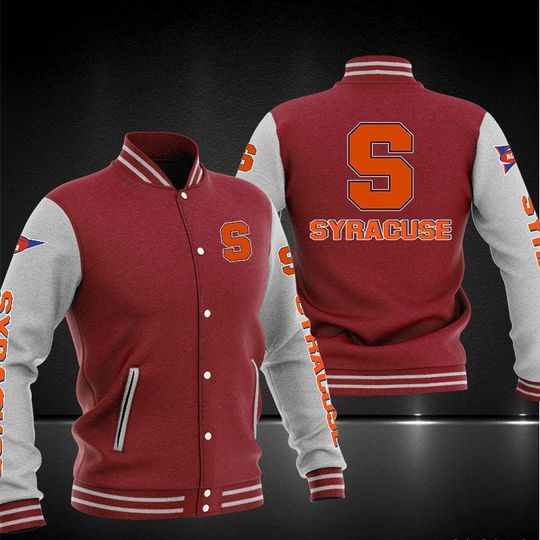 ncaa syracuse orange maroon white baseball jacket button up zipper hooded all over print x7xpk