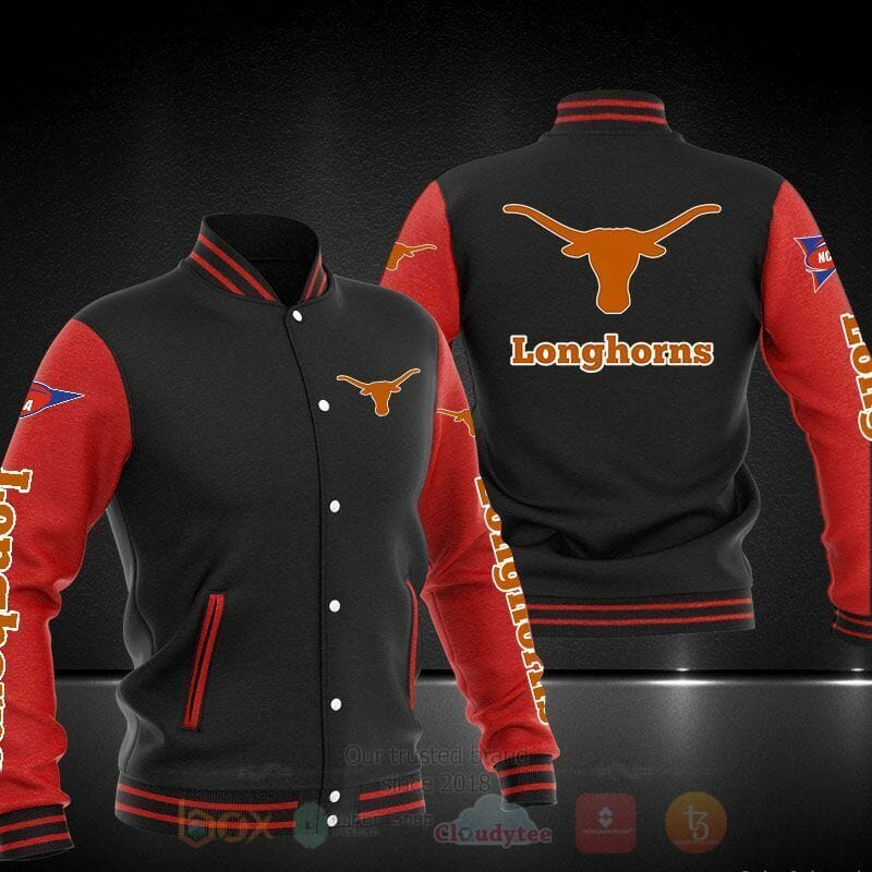 ncaa texas longhorns black red baseball jacket button up zipper hooded all over print y9acu