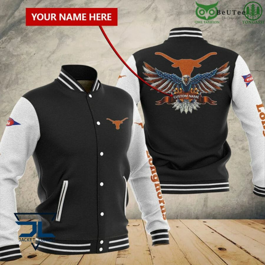 ncaa texas longhorns custom name black baseball jacket button up zipper hooded all over print gdkjg