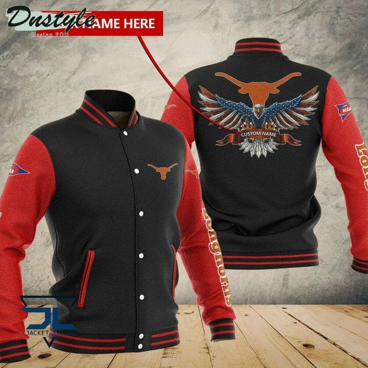 ncaa texas longhorns custom name black red baseball jacket button up zipper hooded all over print n6izd