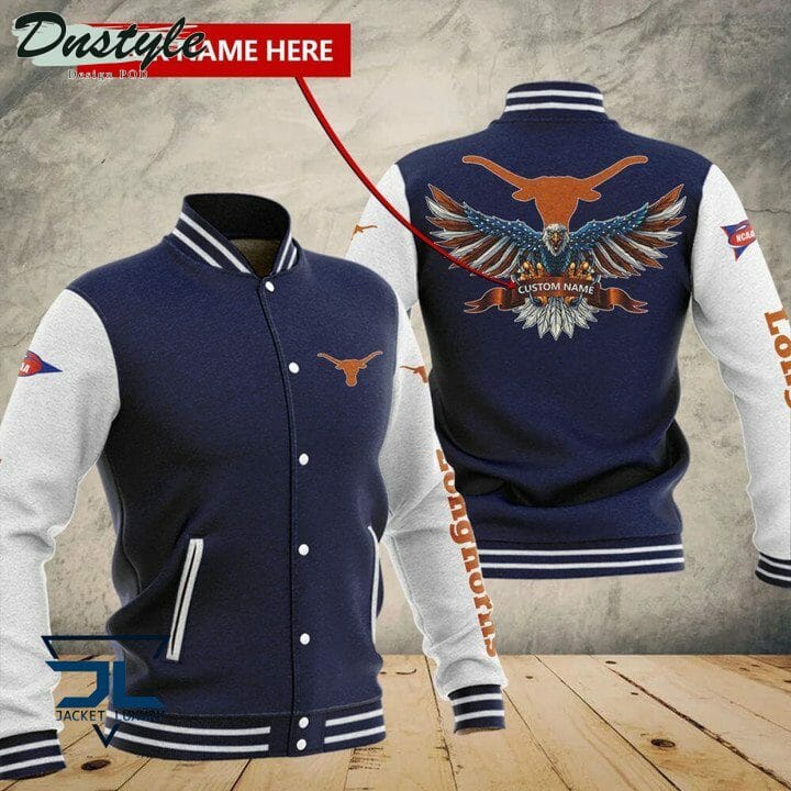 ncaa texas longhorns custom name navy blue baseball jacket button up zipper hooded all over print kpqxa