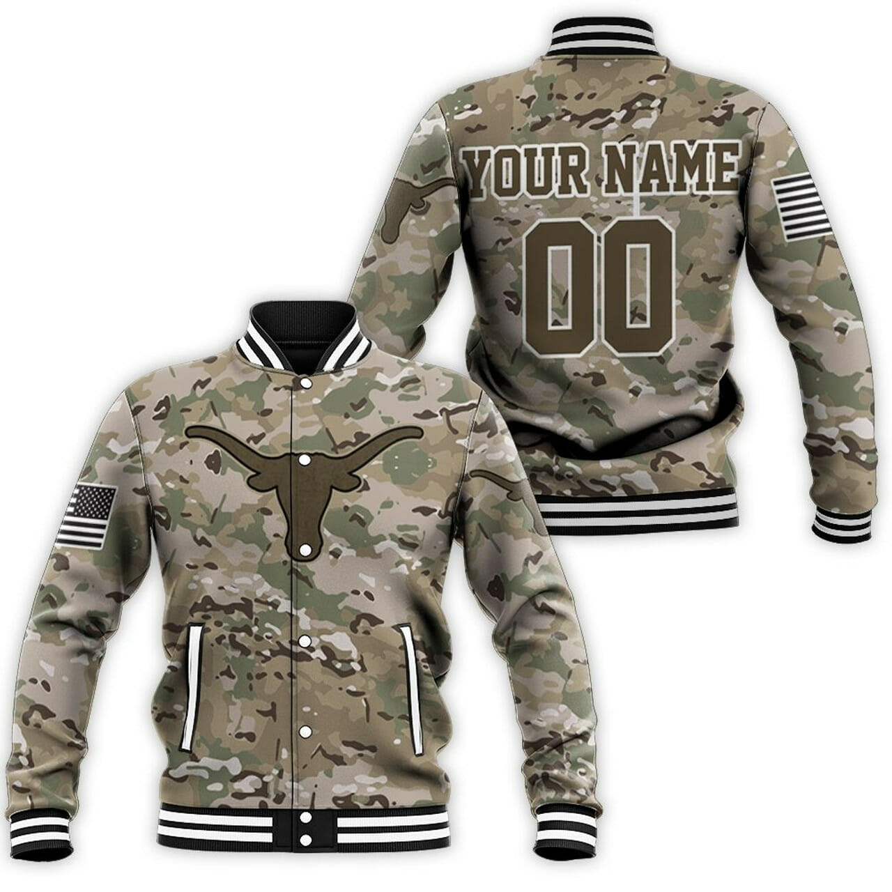 ncaa texas longhorns custom name number camo baseball jacket button up zipper hooded all over print dsfeu