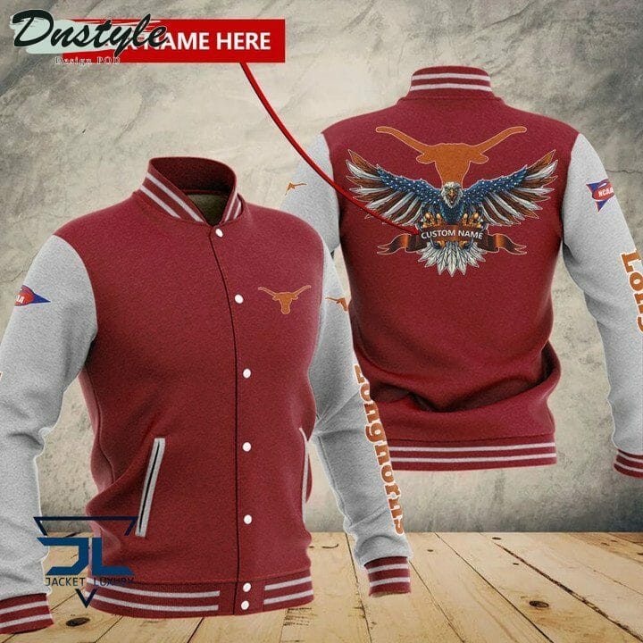 ncaa texas longhorns custom name red grey baseball jacket button up zipper hooded all over print p6mqx