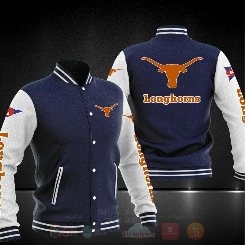 ncaa texas longhorns navy blue baseball jacket button up zipper hooded all over print otydl