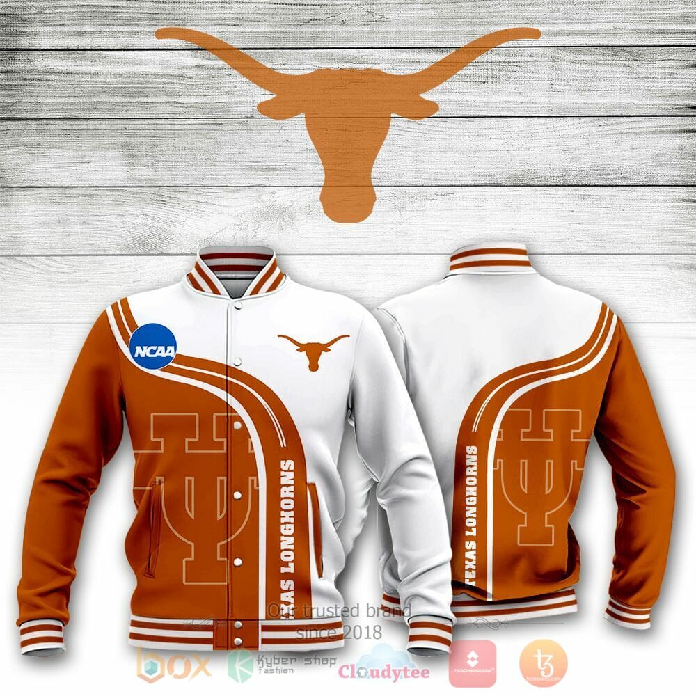 ncaa texas longhorns orange white baseball jacket button up zipper hooded all over print 0okte