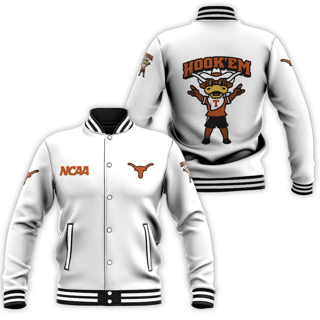 ncaa texas longhorns white baseball jacket button up zipper hooded all over print cvpuv